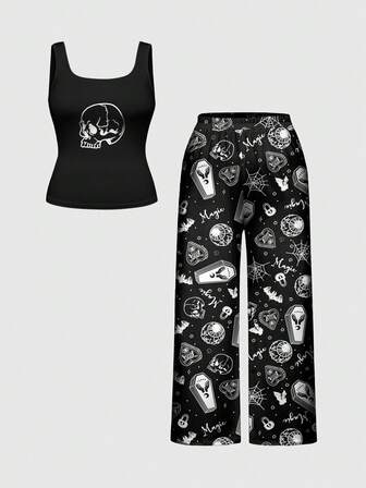 Goth Conjunto de pijama de top sin mangas y pantalones con estampado de ataúd gótico, murciélago y ojo, ropa de estar en casa informal de talla grande