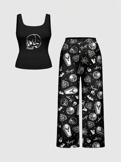 Goth Conjunto de pijama de top sin mangas y pantalones con estampado de ataúd gótico, murciélago y ojo, ropa de estar en casa informal de talla grande