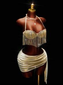 Amplova Sequin Tassel Crop Top & Ruffle Asymmetric Hem Mini Skirt 2 Pieces Set, Sexy Party Outfit - Gold - View 9