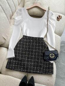 Franclia Set di abbigliamento elegante e sofisticato da donna: blusa e gonna a quadri midi, adatto per uscire e appuntamenti, autunno/inverno - Bianco e nero - Visualizzare 1