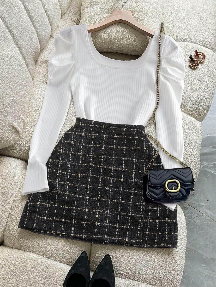 Franclia Set di abbigliamento elegante e sofisticato da donna: blusa e gonna a quadri midi, adatto per uscire e appuntamenti, autunno/inverno - Bianco e nero - Visualizzare 1
