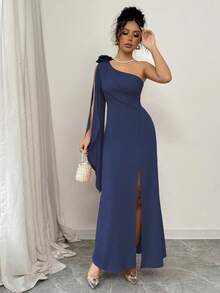 Elenzga Red Asymmetric Floral Decor Split Flare Sleeve Dress - Navy Blue - View 5