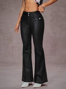 Jeanoix 女士纯色口袋PU皮革喇叭裤 - 黑色 - 查看 3