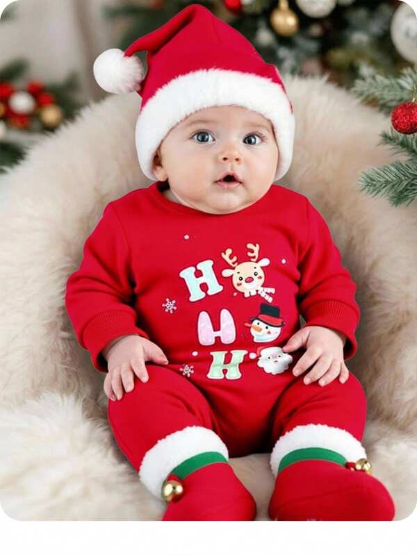 1-Pack Newborn 0-3 Years Old Boys And Girls Unisex Infant Casual Christmas Cartoon Reindeer "Merry Christmas" Letter Print Round Neck Long Sleeve Knitted Romper, Children's Clothing, Infant Romper, Casual And Simple, Patterned Romper, Suitable For Autumn And Winter Baby Santa Claus Dress-Up, 2026 New Year Romper Ropa Para Niña