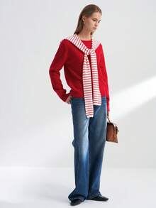 Franclia Striped Scarf Collar Design 2 In 1 Sweater - Red - View 5