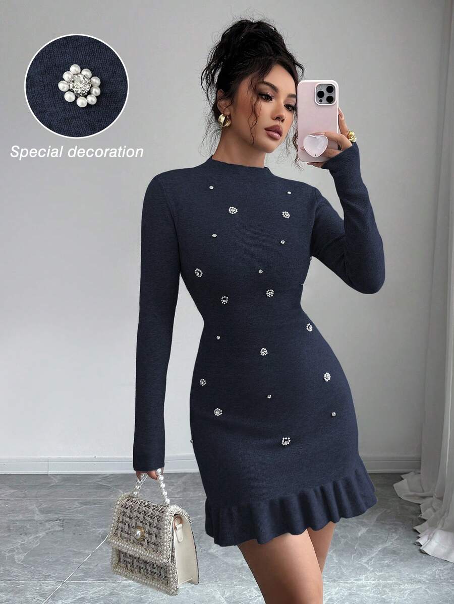 SHEIN Elenzya 秋冬新款针织镶钻立领长袖修身优雅荷叶边下摆女式毛衣连衣裙 - 寶藍色 - 查看 1
