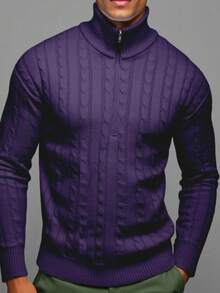 Manfinity Homme Men's Zipper Design Long Sleeve Cable Pattern Casual Sweater, Autumn/Winter Purple Sweater Men Purple Turtleneck For Men - Lilac Purple - View 3