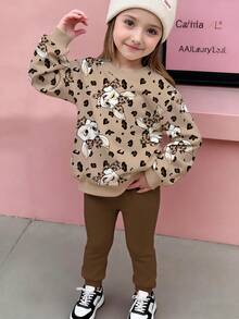 Sparklyn 2pcs/Set Casual Cute Rabbit Print Sweatshirt Top And Sweatpants Set For Girls - Black - View 1