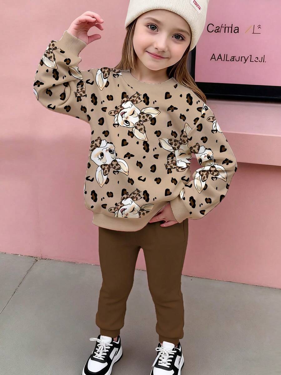 Sparklyn 2pcs/Set Casual Cute Rabbit Print Sweatshirt Top And Sweatpants Set For Girls - Black - View 1