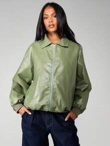 MISSGUIDED Contrast Stitch Faux Leather Oversized Bomber Jacket With Ribbed Cuffs And Collar Zip Front Casual Fall Winter Outerwear - Green - View 1