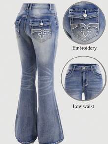 Girlism 少女刺绣线条图案蓝色牛仔低腰弹力紧身喇叭牛仔裤 - 淺色水洗藍 - 查看 2