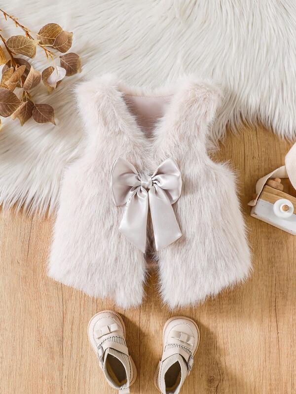 Young Girls Fuzzy Bow Decor Jacket Vest Cardigan, Suitable For Casual, Fashionable And Elegant Daily Wear