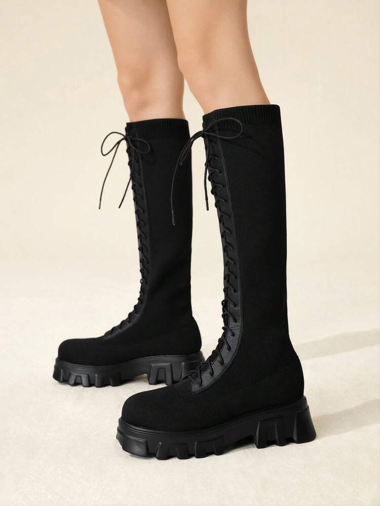 CUCCOO BASICS Women's Fashion Black Knight Lace-Up Thick Sole Over-The-Knee Boots, Elastic One-Push Slip-On Design, Suitable For Commuting, Dating, Gatherings, Parties, Music Festivals, Street, Vacation And More Occasions