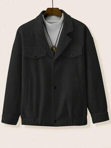 Claim Dot 男士长袖休闲日常通勤简约纯色翻领弹力下摆大衣，秋冬短款男士大衣宽松大衣超大款大衣 - 黑色 - 查看 5