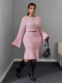 Maweii Damen Große Größen 2-teiliges Set: Einfarbiges Pulloverkleid mit Rundhalsausschnitt - Pink - Übersicht 6