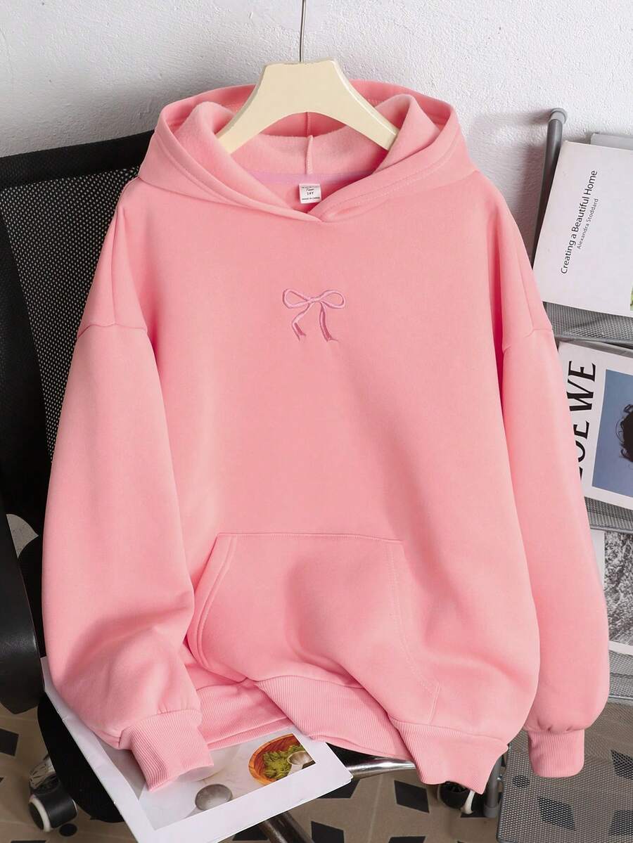 SHEIN 少女灰色休闲卫衣,带口袋、蝴蝶结刺绣,百搭长袖套头衫 - 粉色 - 查看 1