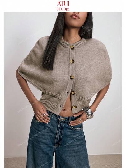 ATUI Studio Damen Mode Herbst Retro Nomaden Cape mit Knöpfen vorne, Rundhals Lässig Poloshirt Pullover Strickjacke, Herbstkleidung für Damen, Herbsttops für Damen, Herbstpullover, Westernmode für Damen, Boho Damenbekleidung, Country Outfits für Damen