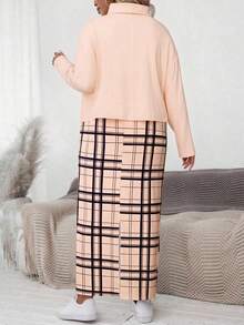 EMERY ROSE Plus Size Casual Solid Color Turtleneck Top And Retro Plaid Print Skirt 2 Pieces Set - Multicolor - View 2
