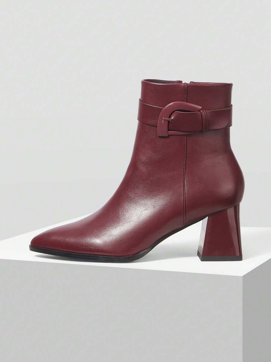 MOTF WOMEN'S FASHION SIMPLE VERSATILE COMMUTE BUCKLE DETAIL PU LEATHER CHUNKY HIGH HEEL MID-CALF BOOTS FOR CHRISTMAS - Burgundy - View 2