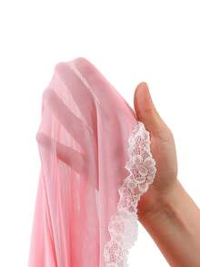 DelicateAllure Women's Sexy Pink Mesh Mini Nightgowns With Flounce Sleeves And Contrast Lace Detail, Semi-Sheer Scoop Neck Sleep Dress - Pink - View 8