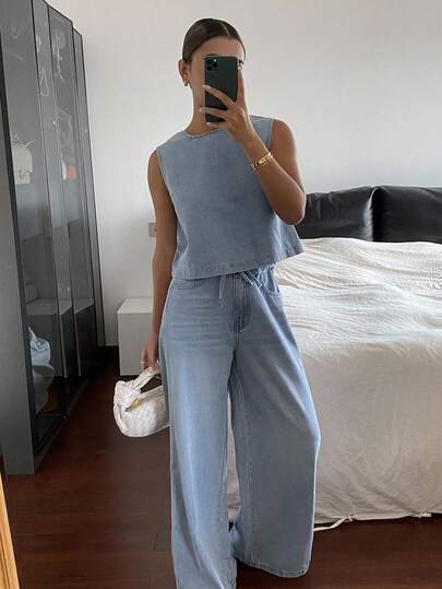 Livesso Women's Round Neck Short Sleeve Top And Loose Fit Jeans Set