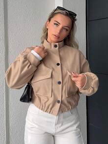 Jeta Ari Solid Color Stand Collar Pocket Short Jacket For Women,Fall Clothes - Apricot - View 4