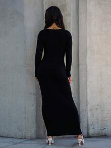 SAYEHFBABY Women's Fashionable Black Knit Long Sleeve Dress - Black - View 2