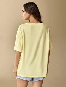 SpongeBob SquarePants | SHEIN Women's Casual Everyday Commute Cute Cartoon Letter Graphic Loose Fit Drop Shoulder T-Shirt, Light Yellow - Light Yellow - View 2