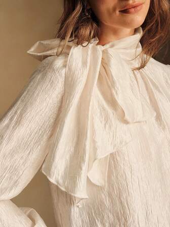 Écloséra Elegant And Sophisticated Urban Commuter High Neck Lantern Sleeve Glossy Long Sleeve Bow Tie Women's Autumn And Winter Top, Women's Casual Commuter Elegant Thanksgiving Autumn And Winter Holiday Blouse