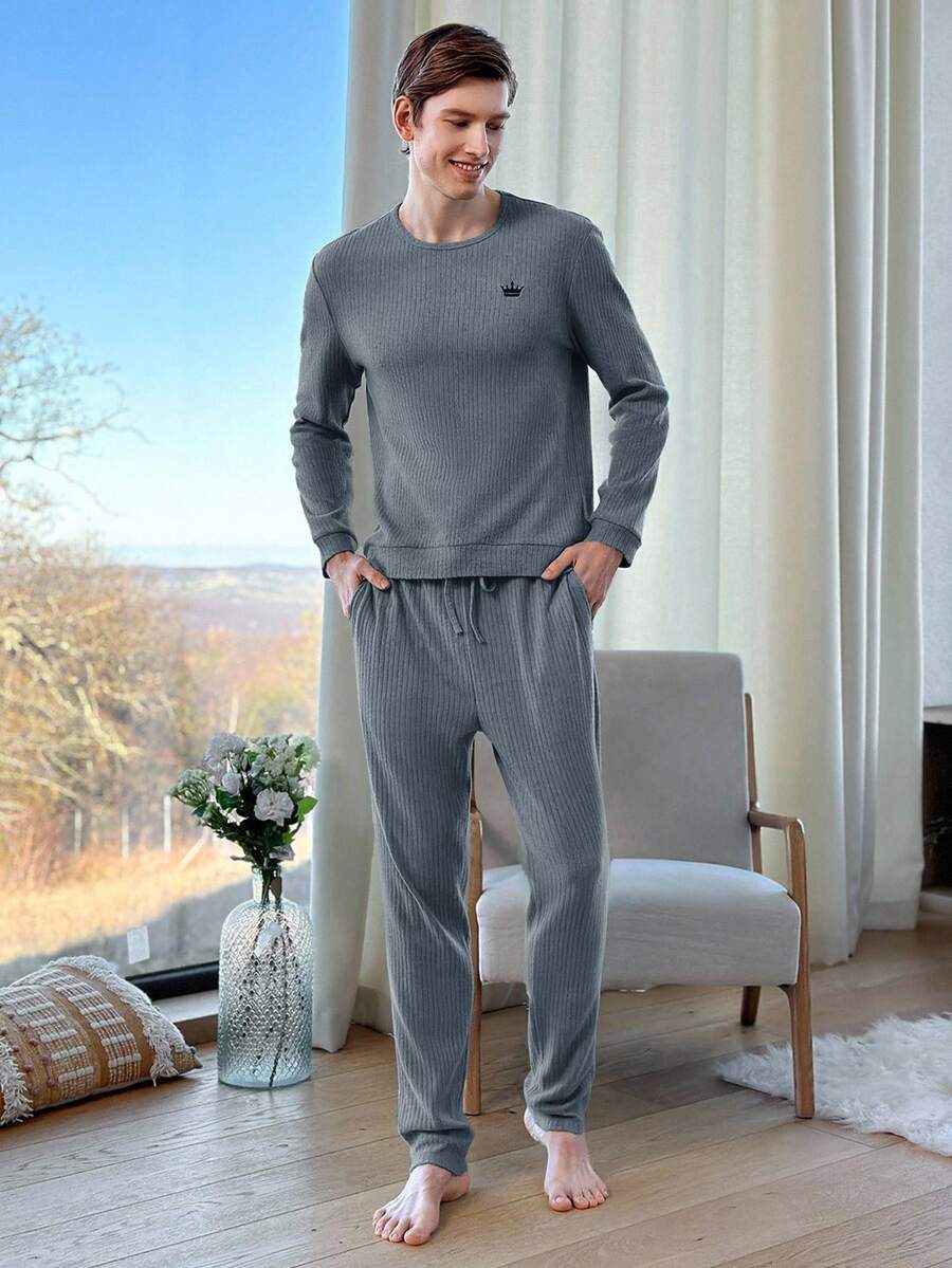 EURMUSE Cotton Men'S Ribbed Knit Homewear Set - Dusty Blue - View 1