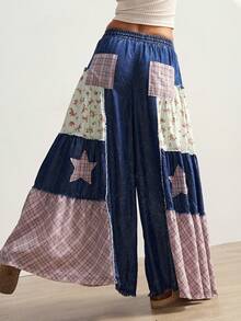 Bohemela Carnival Boho Patchwork Plaid Loose Wide Leg Casual Jeans Pants For Women, Suitable For Summer & Autumn