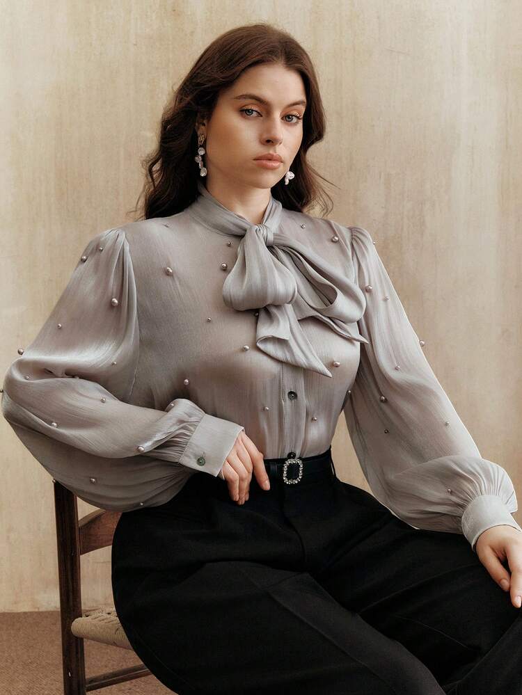Romantic French Pearl Lace-Up Design Plus Size Women Shirt, New Year Look, Elegant, Chic, Stylish Women's Clothing, Luxury, Spring/Summer, Valentine