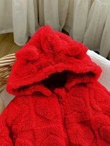 Newborn Baby Girl Cute 3D Ear Fluffy Pink Heart Pattern Zip-Up Hooded Jumpsuit, Autumn/Winter - Red - View 3