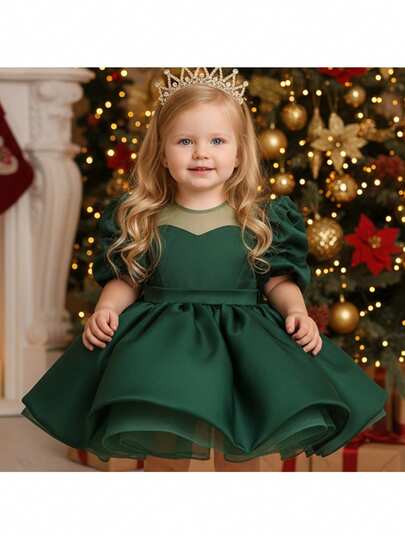 Urocza i elegancka sukienka księżniczki z organzy z krótkim rękawem, formalny strój dla dziewczynki