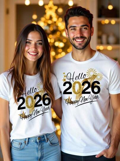 Manfinity Homme 男女通用2026新年快乐白色T恤，节日金色丝带元素2026新年限量版情侣圆领T恤