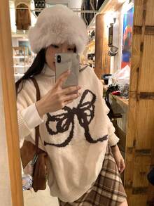 DAZY 女士宽松圆领蝴蝶针织毛衣 - 米色 - 查看 5