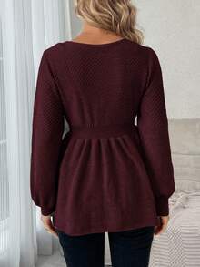 SHEIN Maternity Casual Solid Color Lantern Sleeve Sweater, Autumn/Winter - Red Violet - View 6
