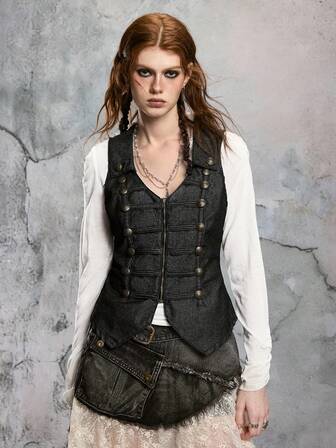 ROMWE Avant Denim Sexy V-Neck Vintage Metal Double-Breasted Fitted Waist Zipper Collar Denim Blouse