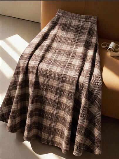 GlowEve CURVE 大码女式格子A字喇叭裙，优雅休闲百搭，秋冬款