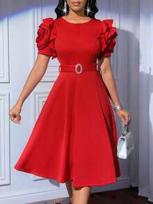 SHEIN Lady Damen Einfarbiges Midi-Kleid mit rundem Ausschnitt, kurzen Ärmeln und 3D Blumen Dekor - Rot - Übersicht 7