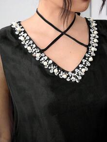 Al Najma 女士优雅水钻领网纱袖土耳其长款连衣裙，适合正式场合 - 黑色 - 查看 5