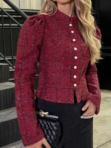 Elyressa 女士秋冬派对优雅酒红色泡泡袖单排扣外套 - 酒紅色 - 查看 4