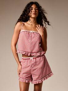 AiiRZ Gingham Christmas Pajama Set For Women Ruffle Hem Cami Top Shorts Sleepwear Loungewear Summer Nightwear - Multicolor - View 1