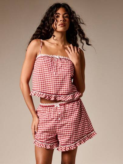 AiiRZ Conjunto de pijama de Navidad de cuadros escoceses para mujer con top de tirantes con volantes y shorts, ropa de dormir y de estar por casa de verano