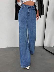 ZIRRA 女士高腰带口袋阔腿休闲百搭牛仔裤 - 中等水洗藍 - 查看 3