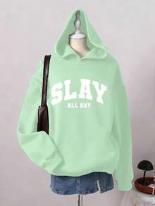 返校季少女“SLAY ALL DAY”休闲字母印花卫衣，时尚个性，四季皆宜，粉色秋冬夏女童卫衣，可爱女童卫衣，绿色卫衣 - 綠色 - 查看 4