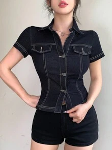 DAZY 女士夏季翻领修身短款休闲牛仔短袖衬衫 - 深色水洗藍 - 查看 6