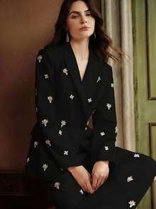 Anewsta Áo blazer nữ cao cấp, sang trọng, tối giản, hiện đại, đính kết tinh tế, thắt eo, thích hợp cho dạ hội và các dịp lễ hội, mùa thu/đông. - màu đen - Xem 5