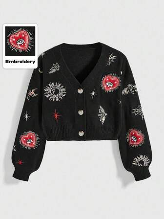 Hippie Cárdigan con cuello en V de talla grande con bordado de sol, luna, estrella y polilla en estilo hippie vintage, Cárdigan de punto negro de talla grande, Suéter bordado delicado, Cárdigan de punto de talla grande para mujer para otoño/invierno