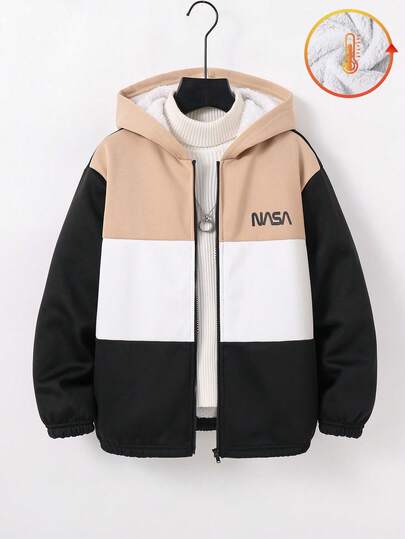 SHEIN 男童毛绒拼接拉链经济型外套，适合秋季穿着，儿童秋季服装，秋季衬衫，儿童冬季服装，幼儿男童秋季服装，可爱毛衣，万圣节儿童服装，秋季衬衫，秋季上衣，万圣节衬衫，黑色衬衫，适合通勤上学、日常休闲、大学旅行，适合运动，适合秋冬季节